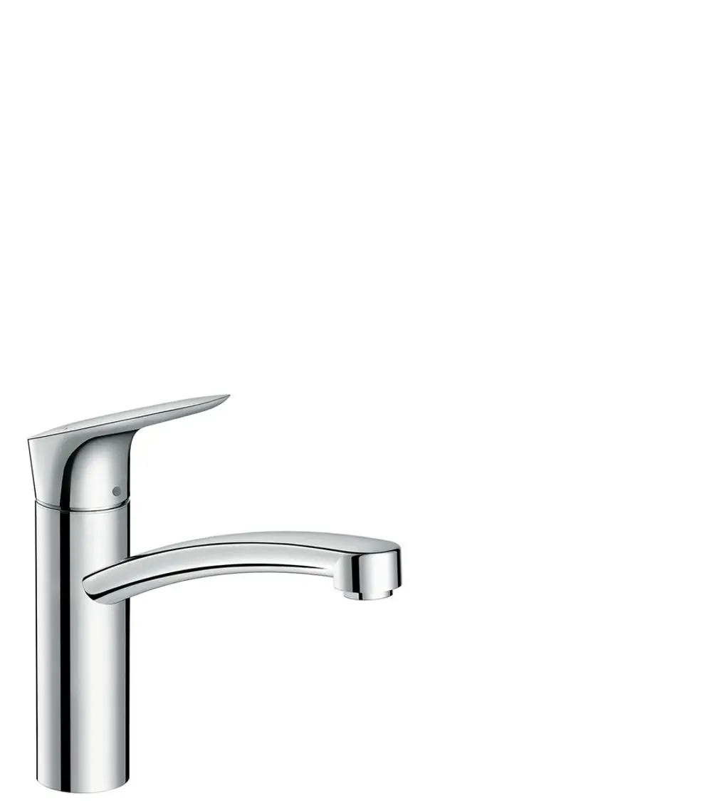 Einhebel-Küchenmischer aus verchromtem Material mit einem langen, gebogenen Auslauf. Von der Marke Hansgrohe, geeignet für die Nutzung in modernen Küchen.